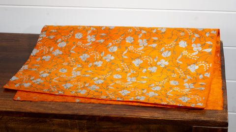 Gift Wrap - Screen Printed Silver & Gold Flowers on Orange