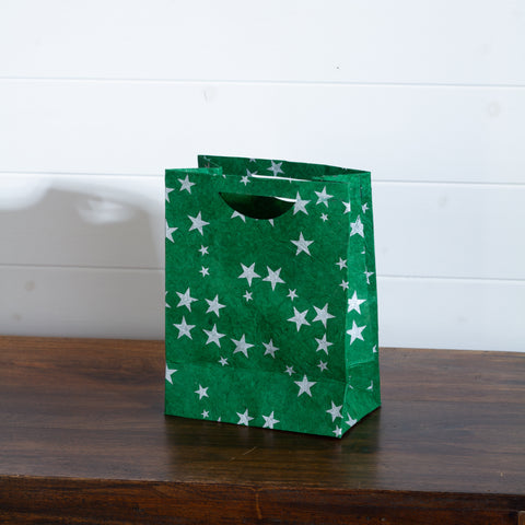 Large Gift Bag - Screen Printed Silver Stars on Green