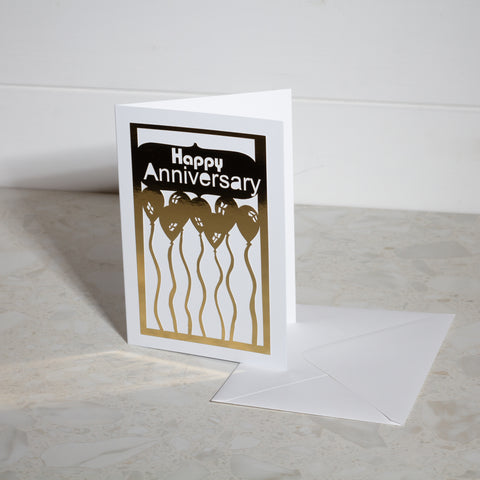 'Happy Anniversary' Gold Balloons Paper Cut Greeting Card 5x7 Inch (12.5 x 17.5cm)