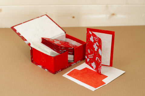 Notelet Set with Box - Handmade Lokta Paper with Silver & Gold Screen print on Red