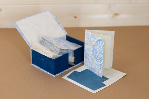 Notelet Set with Box - Handmade Lokta Paper with Blue Screen printed design
