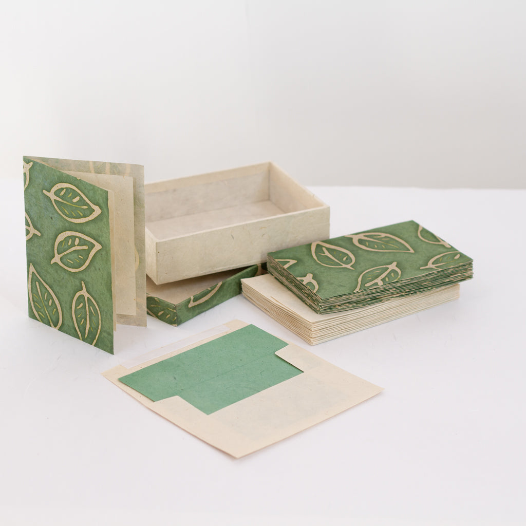 Handmade Notelets Notelet Set with Box - Handmade Lokta Paper with Batik Leaf Green ...