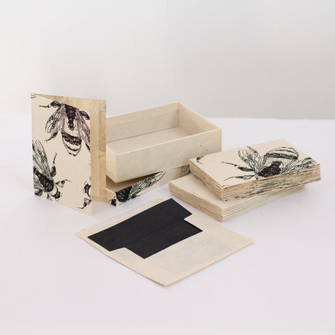 Notelet Set with Box - Handmade Lokta Paper with Bees Screen Print