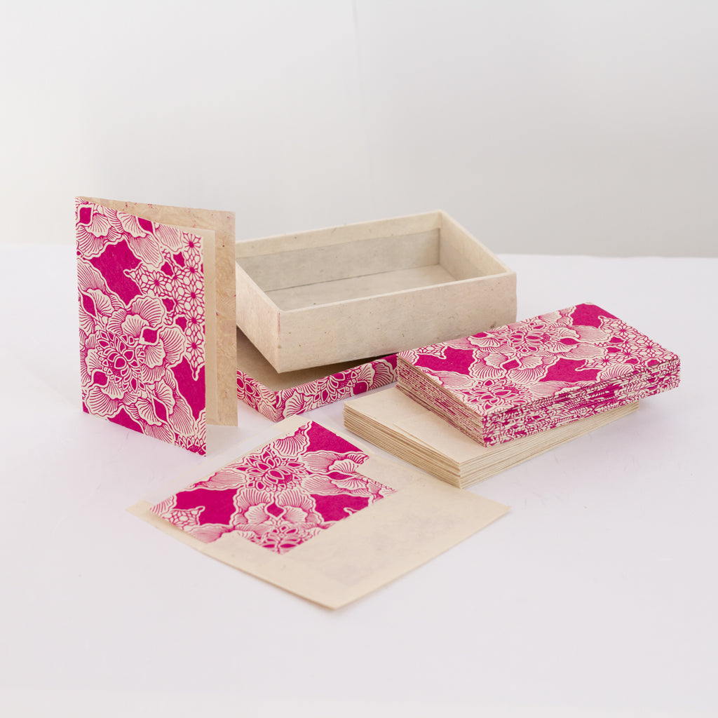 Notelet Set with Box - Handmade Lokta Paper with Hot Pink Lotus Screen ...