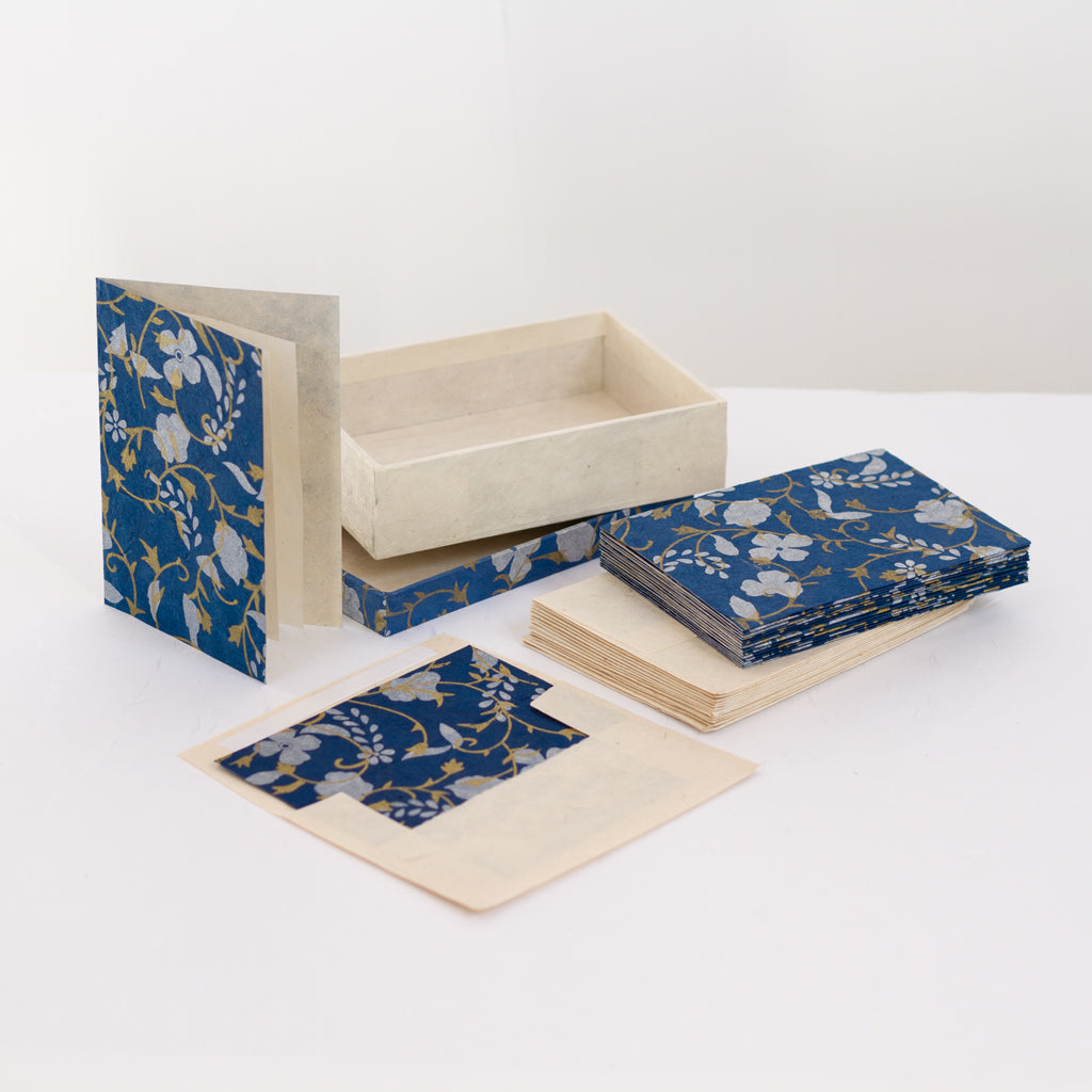 Notelet Set with Box - Handmade Lokta Paper with Silver & Gold Screen ...