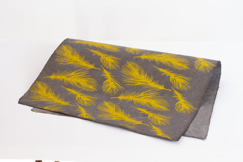 Gift Wrap - Lemon Screen Printed Feathers on Grey Lokta